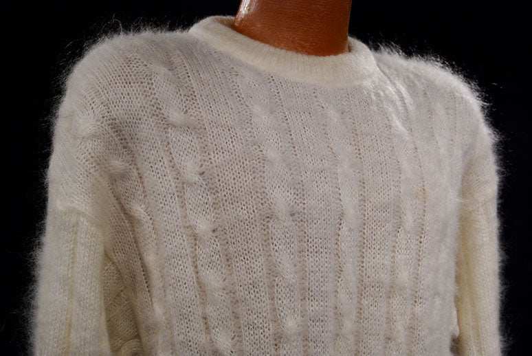 Men's white cableknit mohair crewneck sweater by Giorgio Laui in large size