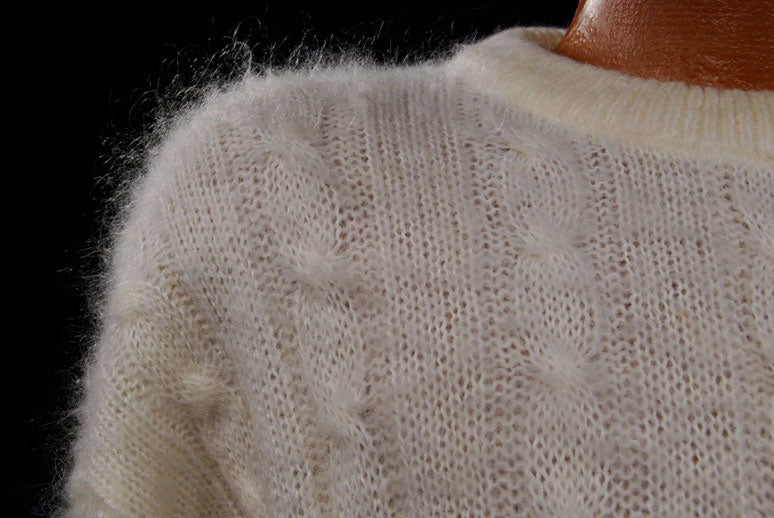 Men's White Cableknit Mohair Crewneck Sweater by Giorgio Laui