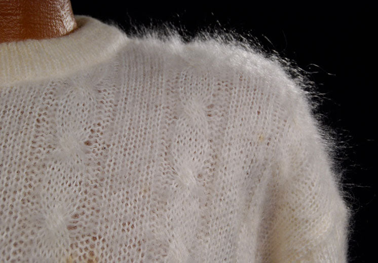 Men's White Cableknit Mohair Crewneck Sweater by Giorgio Laui