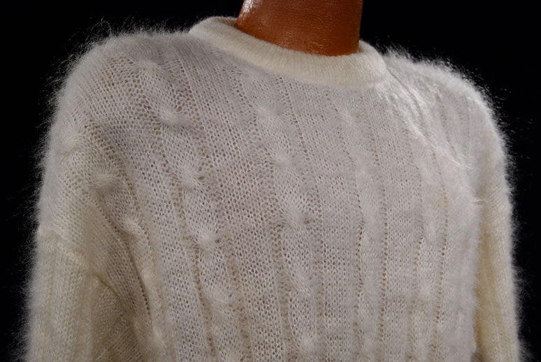 Men's White Cableknit Mohair Crewneck Sweater by Giorgio Laui