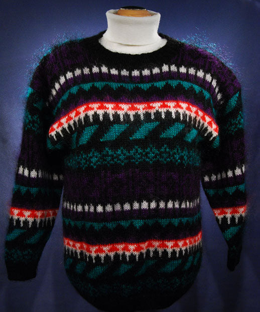 Woman's Black Multi-Color Striped Crewneck Mohair Sweater