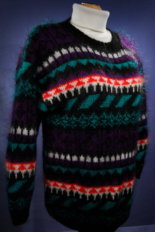 Woman's Black Multi-Color Striped Crewneck Mohair Sweater