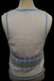 Girl's ivory angora sweater vest with pastel stripe trim and diamond pattern back in size 16