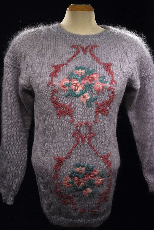 Woman's Lavender Crewneck Mohair Sweater with Floral Pattern