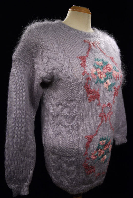 Woman's Lavender Crewneck Mohair Sweater with Floral Pattern