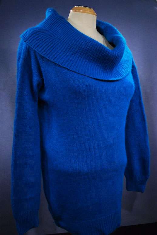 Woman wearing royal-blue cowlneck silk-angora sweater by Reference Point