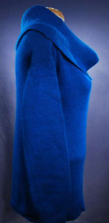 Woman wearing royal-blue silk-angora cowlneck sweater by Reference Point