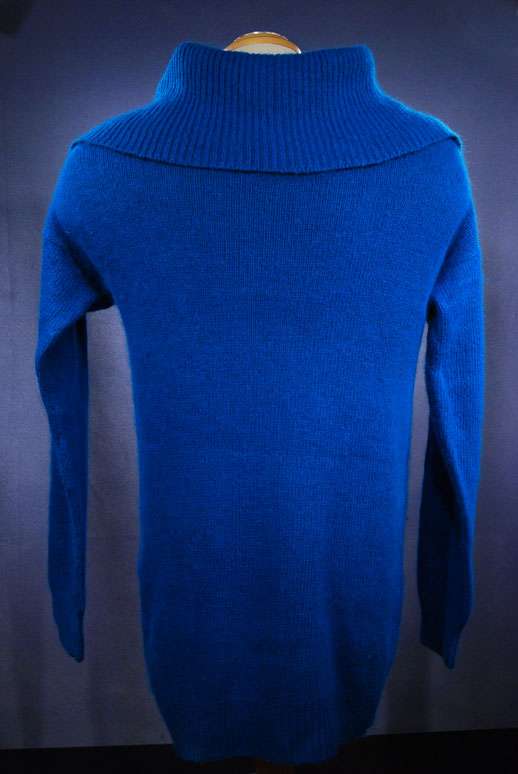 Woman wearing royal-blue cowlneck silk-angora blend sweater by Reference Point