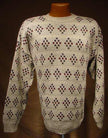 Men's retro crewneck sweater in grayish-brown cotton with green and red design by Towncraft, size large (48)