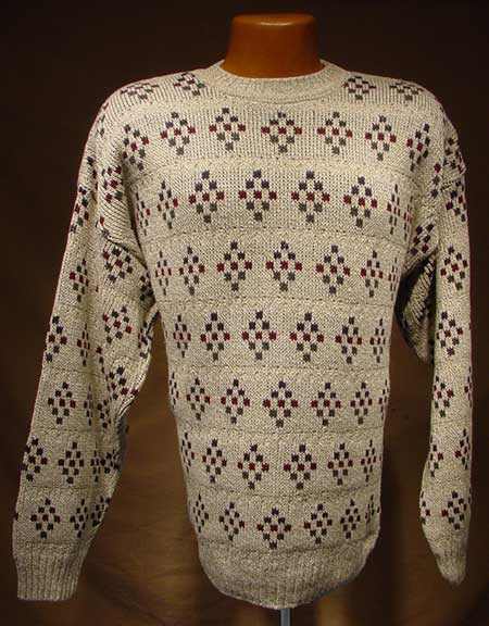 Men's retro crewneck sweater in grayish-brown cotton with green and red design by Towncraft, size large (48)