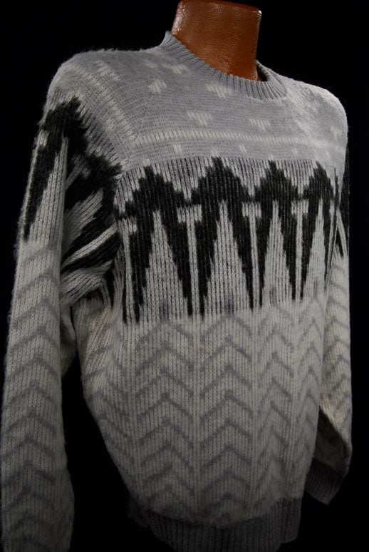 White-grey-black fuzzy retro crewneck mohair sweater by London Fog, size large