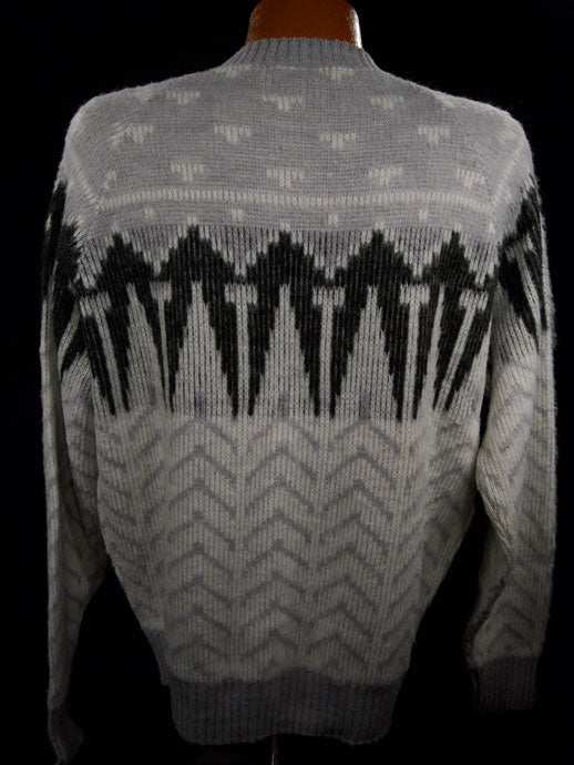 White-grey-black fuzzy retro crewneck mohair sweater by London Fog, size large