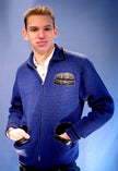 Men's retro zipper-front royal blue wool cardigan with black leather-trimmed pockets, X-Small (38)