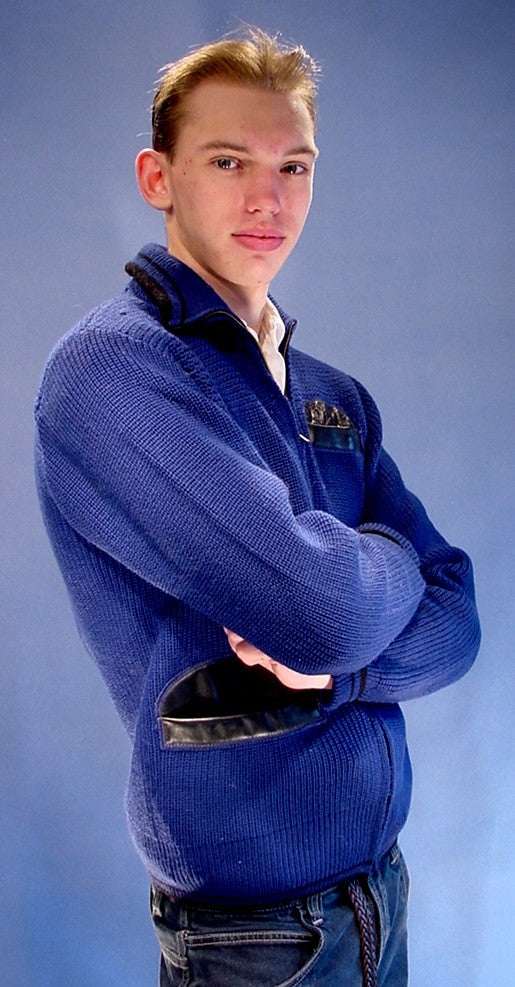 Men's retro zipper-front royal blue wool cardigan with black leather trim and three front pockets in X-Small size