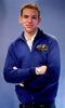 Men's retro zipper-front royal blue wool cardigan with black leather pocket trim in X-Small size