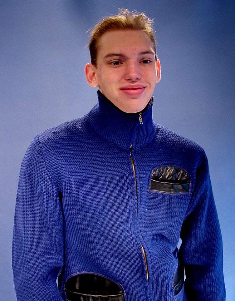 Men's retro zipper-front royal blue wool cardigan with black leather pocket trim, X-Small size