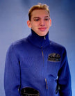 Men's retro zipper-front royal blue wool cardigan with black leather pocket trim, X-Small size