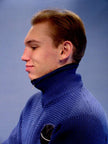 Men's retro zipper-front royal blue wool cardigan with black leather-trimmed pockets in X-Small size