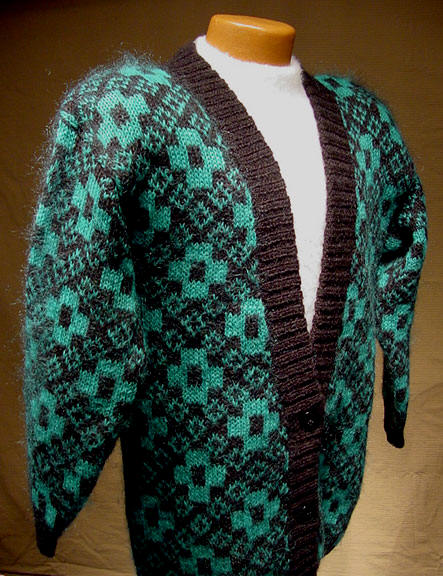Woman's Retro Green and Black Mohair Cardigan Sweater Plus Sized