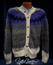 Unisex grey alpaca cardigan with white trim and blue black yoke design by Rey Wear