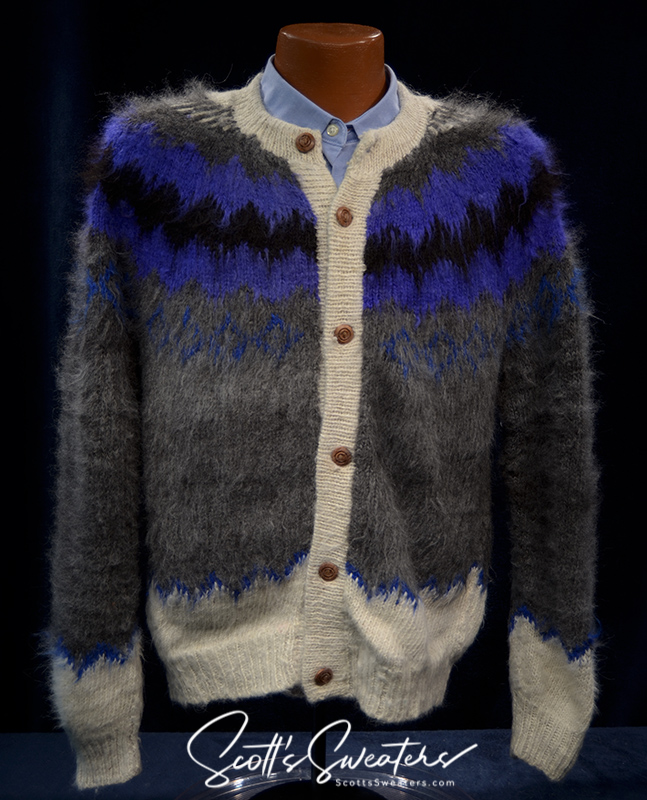 Unisex grey alpaca cardigan with white trim and blue black yoke design by Rey Wear