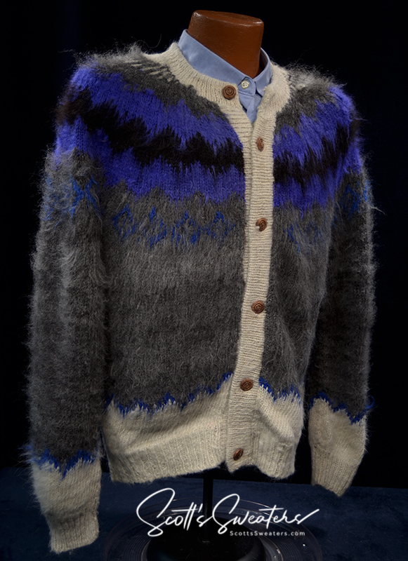 Unisex grey alpaca cardigan with white trim and blue black yoke by Rey Wear