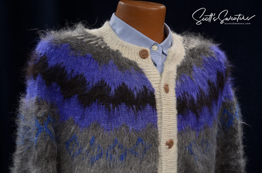 Unisex grey alpaca cardigan sweater with white trim and blue black yoke design by Rey Wear