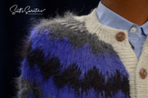 Unisex grey alpaca cardigan sweater with white trim and blue black yoke design by Rey Wear