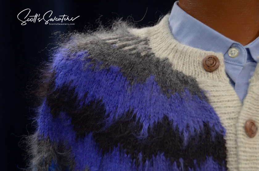 Unisex grey alpaca cardigan sweater with white trim and blue black yoke design by Rey Wear