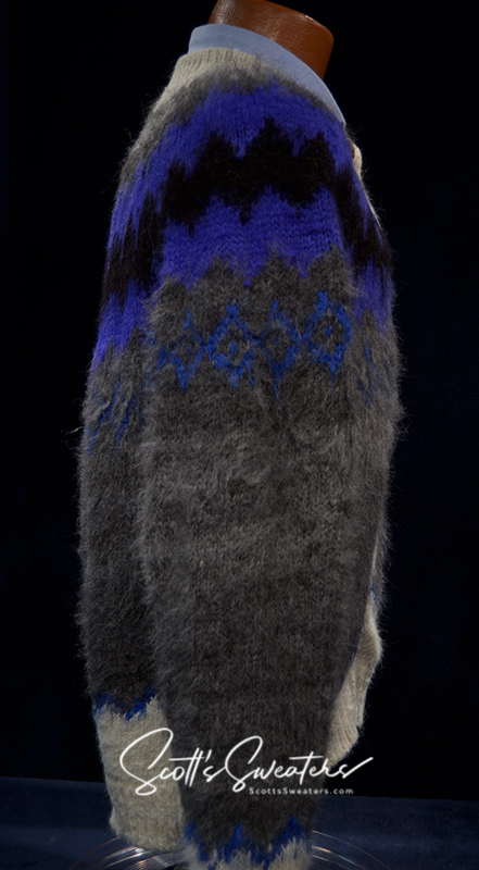 Unisex grey alpaca cardigan sweater with white trim and blue black yoke design by Rey Wear