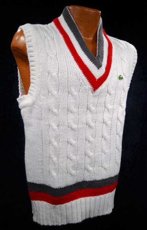 Men's classic retro Izod sleeveless tennis sweater vest with grey and red stripes