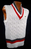 Men's classic retro Izod sleeveless tennis sweater vest with grey and red stripes