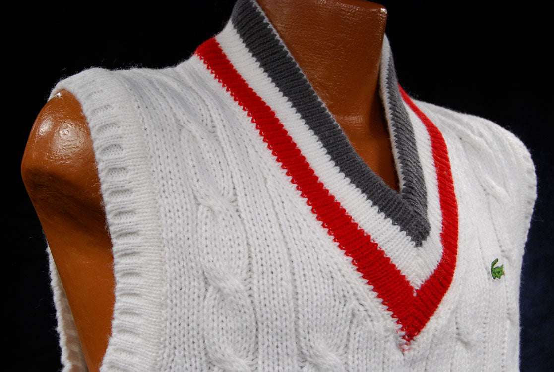 Men's Classic Retro Izod Tennis Sweater Sleeveless Vest Grey/Red Stripes
