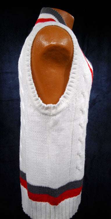 Men's Classic Retro Izod Tennis Sweater Sleeveless Vest Grey/Red Stripes