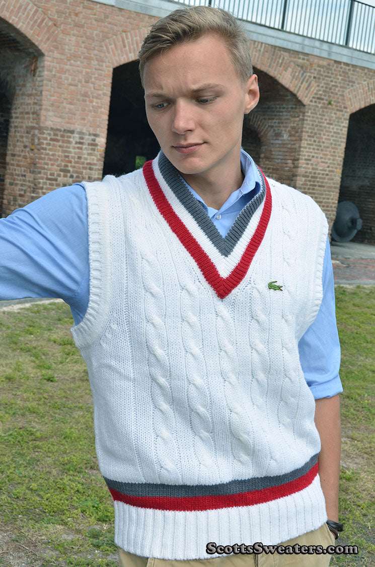 Men's classic retro Izod sleeveless tennis sweater vest with grey and red stripes
