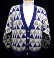 Woman's blue, grey, and white angora-lambswool Christmas tree pattern cardigan sweater, large size