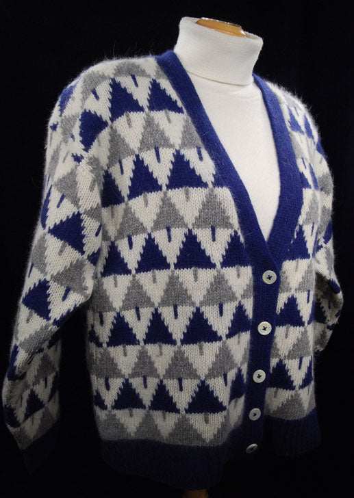 Woman's blue grey white angora lambswool Christmas tree pattern cardigan sweater