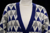 Woman's blue, grey, and white angora lambswool Christmas tree cardigan sweater