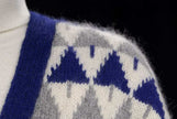 Woman's blue, grey, and white angora lambswool cardigan with Christmas tree pattern