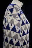Woman's blue, grey, and white angora lambswool cardigan with Christmas tree pattern in large size