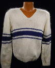 Men's white faux-mohair V-neck sweater with blue chest stripes, small size, hand-knit style