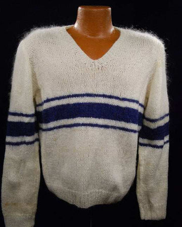 Men's white faux-mohair V-neck sweater with blue chest stripes, small size, hand-knit style
