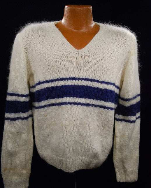 Men's white faux-mohair V-neck sweater with blue chest stripes, small size, hand-knit style