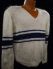 Men's white faux-mohair V-neck sweater with blue chest stripes, hand-knit, size small