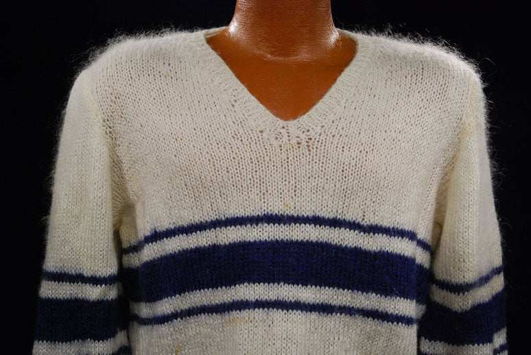 Men's white faux-mohair V-neck sweater with blue chest stripes, small size, hand-knit pullover
