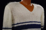 Men's white faux-mohair V-neck sweater with blue chest stripes, small size, hand-knit textured pullover