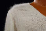 Men's white faux-mohair V-neck sweater with blue chest stripes, hand-knit, small size