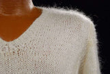 Men's white faux-mohair V-neck sweater with blue chest stripes, small size, hand-knit acrylic pullover