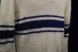 Men's white faux-mohair V-neck sweater with blue chest stripes, hand-knit, small size