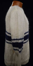 Men's white faux-mohair V-neck sweater with blue chest stripes, small size, hand-knit style